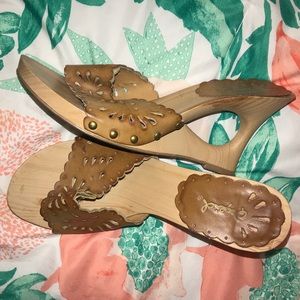 Wooden Sandal Heels Leather Print